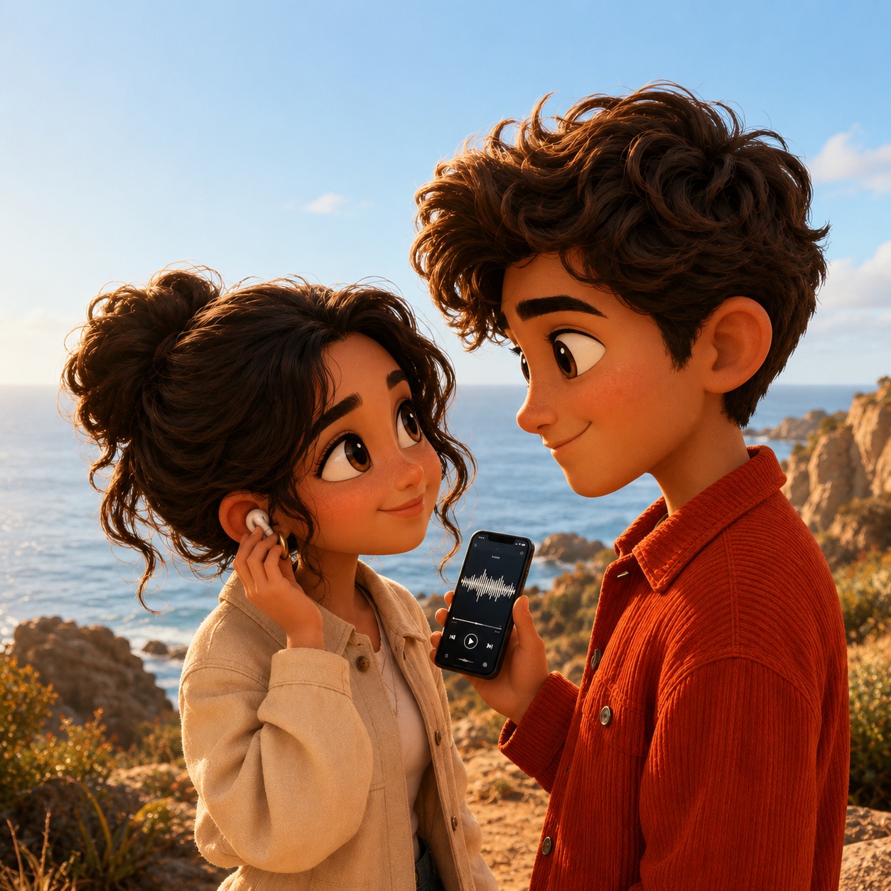 Two animated characters sharing a song together by the sea